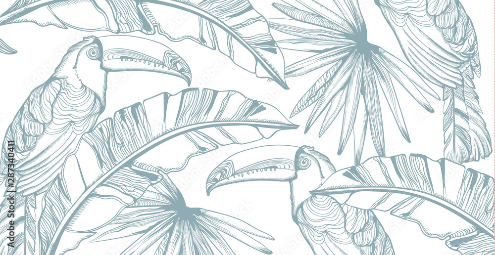 Parrot card Vector line art. Exotic palm leaves decors. Summer party backgrounds