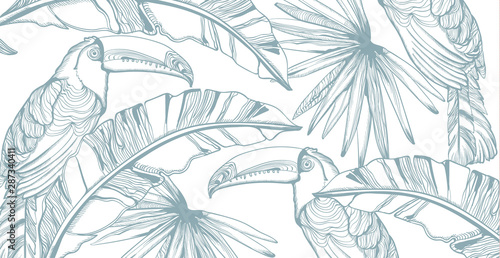 Parrot card Vector line art. Exotic palm leaves decors. Summer party backgrounds