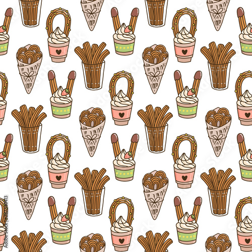 Seamless pattern with Churros (or churro) is a traditional Spanish dessert, on a white background. Excellent design for menu, brochures, poster, packaging, wrapping paper etc.