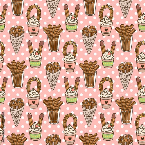 Seamless pattern with Churros (or churro) is a traditional Spanish dessert, on a pink background. Excellent design for menu, brochures, poster, packaging, wrapping paper etc.