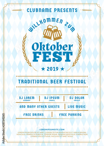Oktoberfest beer festival celebration. Typography poster or flyer template for beer party. Vintage beer label on the traditional Bavarian linen flag background