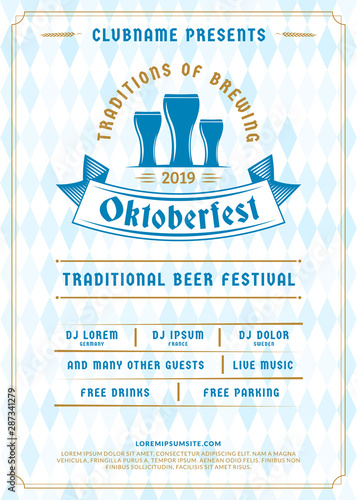 Oktoberfest beer festival celebration. Typography poster or flyer template for beer party. Vintage beer label on the traditional Bavarian linen flag background