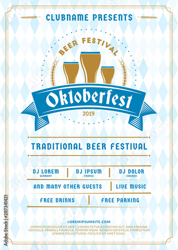 Oktoberfest beer festival celebration. Typography poster or flyer template for beer party. Vintage beer label on the traditional Bavarian linen flag background