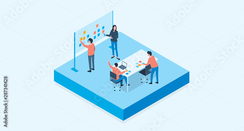 isometric flat vector  group business team meeting and project brainstorming process concept 