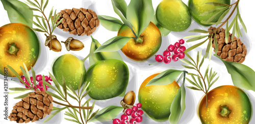 Autumn harvest pattern Vector watercolor. Fall apple fruits decor posters