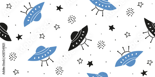 Childish seamless pattern - hand drawn cosmos ufo