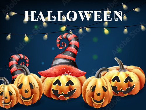 Halloween pumpkin happy faces vector watercolor. Smilling pumpkin witch hat d...