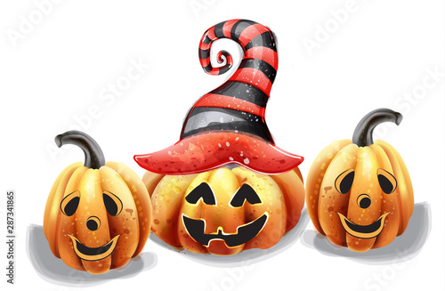 Halloween pumpkin happy faces vector watercolor. Smilling pumpkin witch hat d...