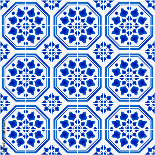 Mexican talavera ceramic tile pattern, Italain pottery decor, Portuguese azulejo seamless design, colorful Spanish majolica ornament, blue and white antique wallpaper background, vector illustration photo