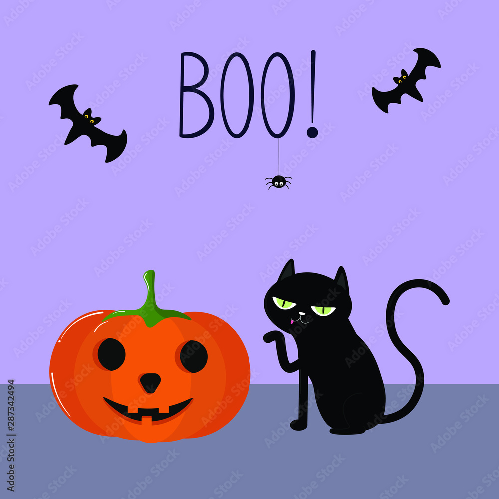 Obraz premium Vector graphics. Bright, cute, funny halloween illustration with a black cat, pumpkin, spider, bats. Hand written text. Happy Halloween card. Funny cute cartoon character. 
