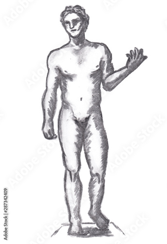 Sketch of a man s naked body in full growth in the style of ancient greek sculpture. Hand drawn Illustration of black coal on white paper. Can be used for collage  zine  fashion illustration