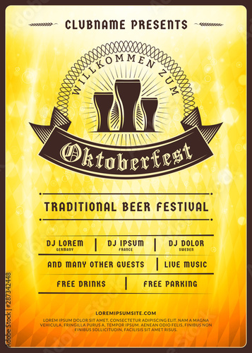 Oktoberfest beer festival celebration. Typography poster or flyer template for beer party. Vintage beer label on the golden beer background with light effects