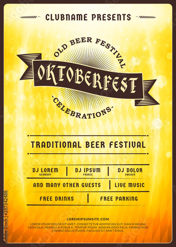Oktoberfest beer festival celebration. Typography poster or flyer template for beer party. Vintage beer label on the golden beer background with light effects