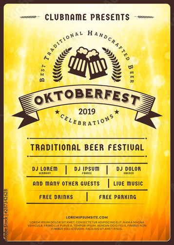 Oktoberfest beer festival celebration. Typography poster or flyer template for beer party. Vintage beer label on the golden beer background with light effects