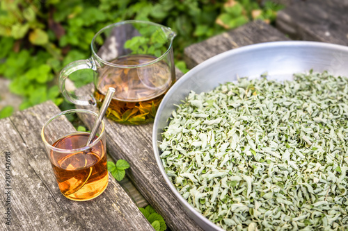 verbena tea on old wooden planks