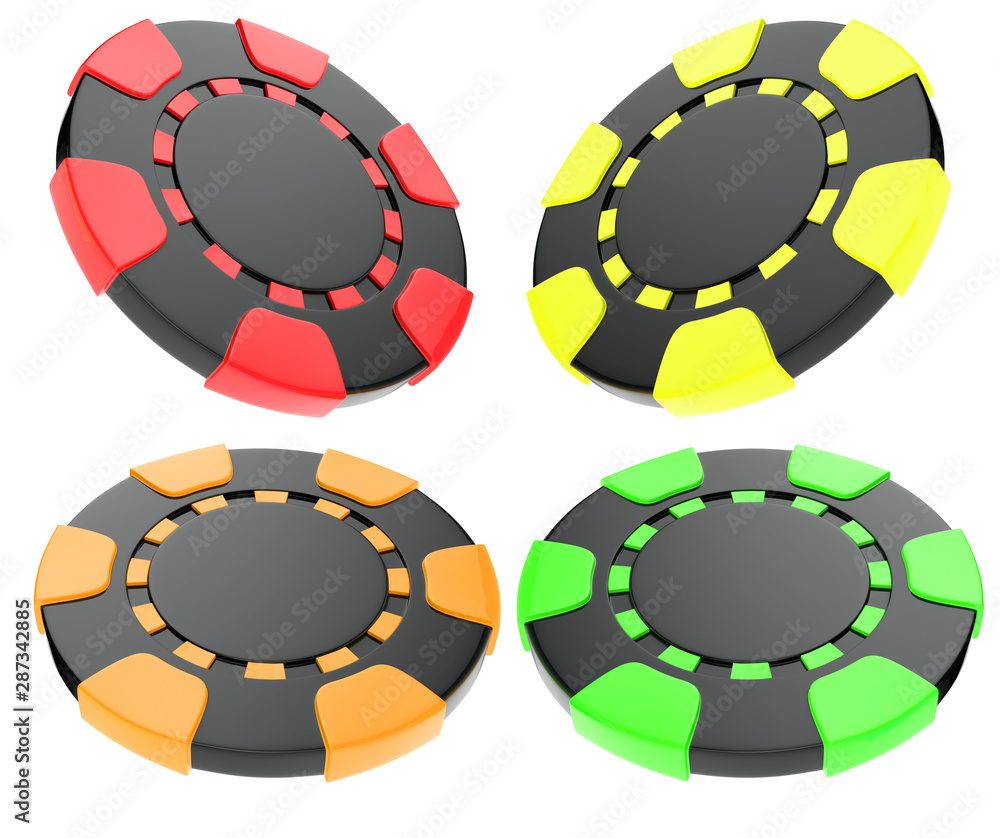 Red, Yellow, Green And Orange Modern Casino Chips Isolated On The White Background - 3D Illustration Red, Yellow, Green And Orange Modern Casino Chips Isolated On The White Background - 3D Illustration