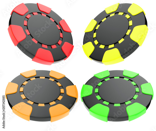 Red, Yellow, Green And Orange Modern Casino Chips Isolated On The White Background - 3D Illustration