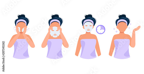 Face sheet mask. Illustration set with girl using mask, skin care, beauty routine. Cute vector illustration in flat style.