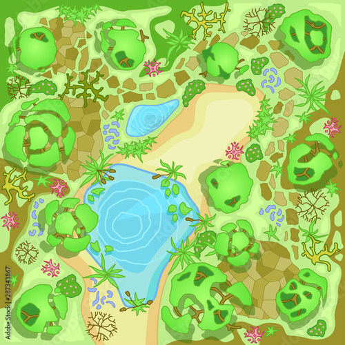 Site improvement  Landscape and tourist camp in the forest. (Top view) Pond, stones, trees, plants,  lake, beach. (View from above). Terrain design. Vector illustration. 