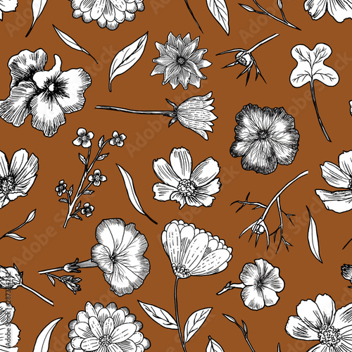 Fotografía Floral Seamless Pattern Black and white hand drawn illustration in realistic style