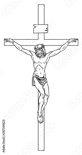 Vector illustration of religious symbol crucifix. Jesus Christ, the Son of God in a crown of thorns on his head, a symbol of Christianity. Cross with crucifixion, pencil drawing.