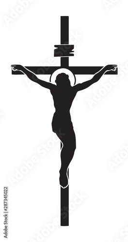 Vector illustration of religious symbol crucifix. Jesus Christ, the Son of God with a halo on his head, a symbol of Christianity. Cross with crucifixion