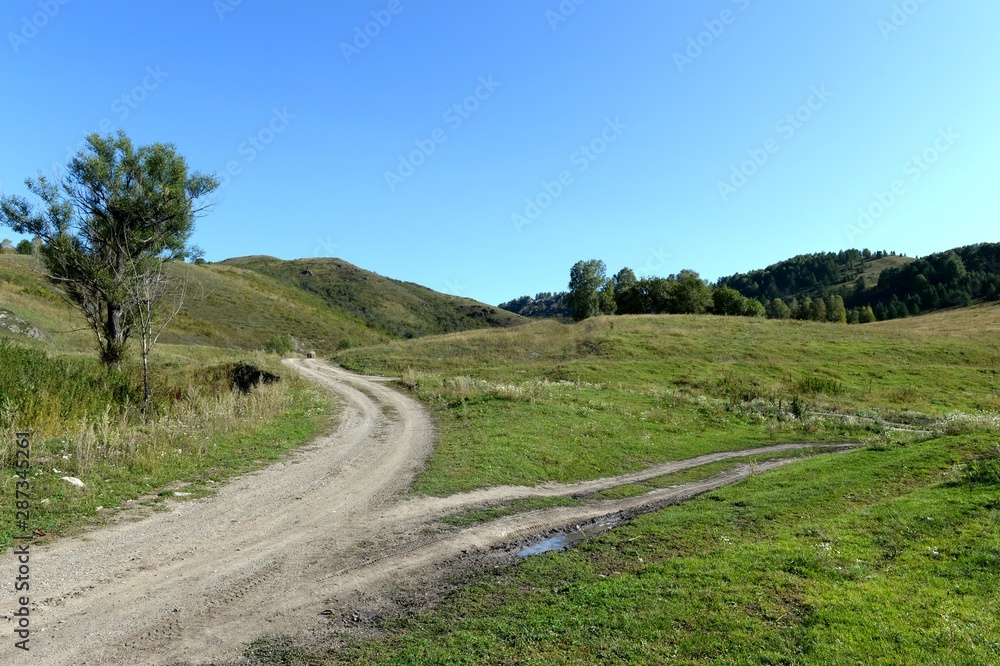 Field road in the vicinity of the taiga village of Generalka Altai region. Western Siberia