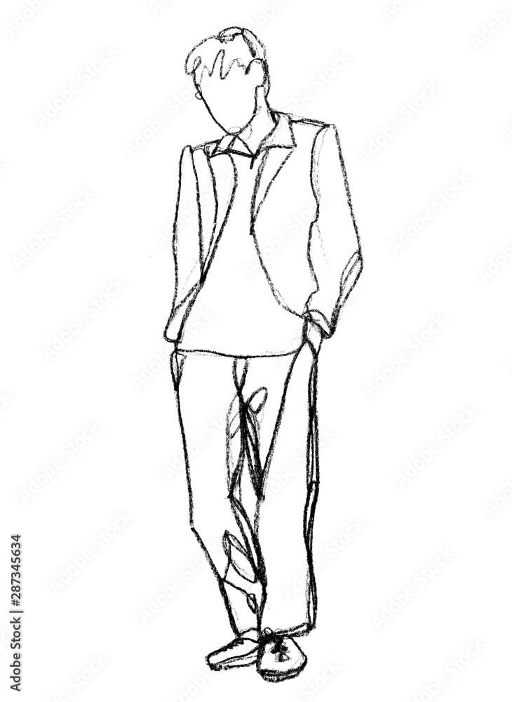 Sketch of a young man standing in full growth. Hands in the pockets of trousers, on the guy is a jacket and he looks down. Figure one line drawn by hand with a black pencil on a white paper Sketch of a young man standing in full growth. Hands in the pockets of trousers, on the guy is a jacket and he looks down. Figure one line drawn by hand with a black pencil on a white paper