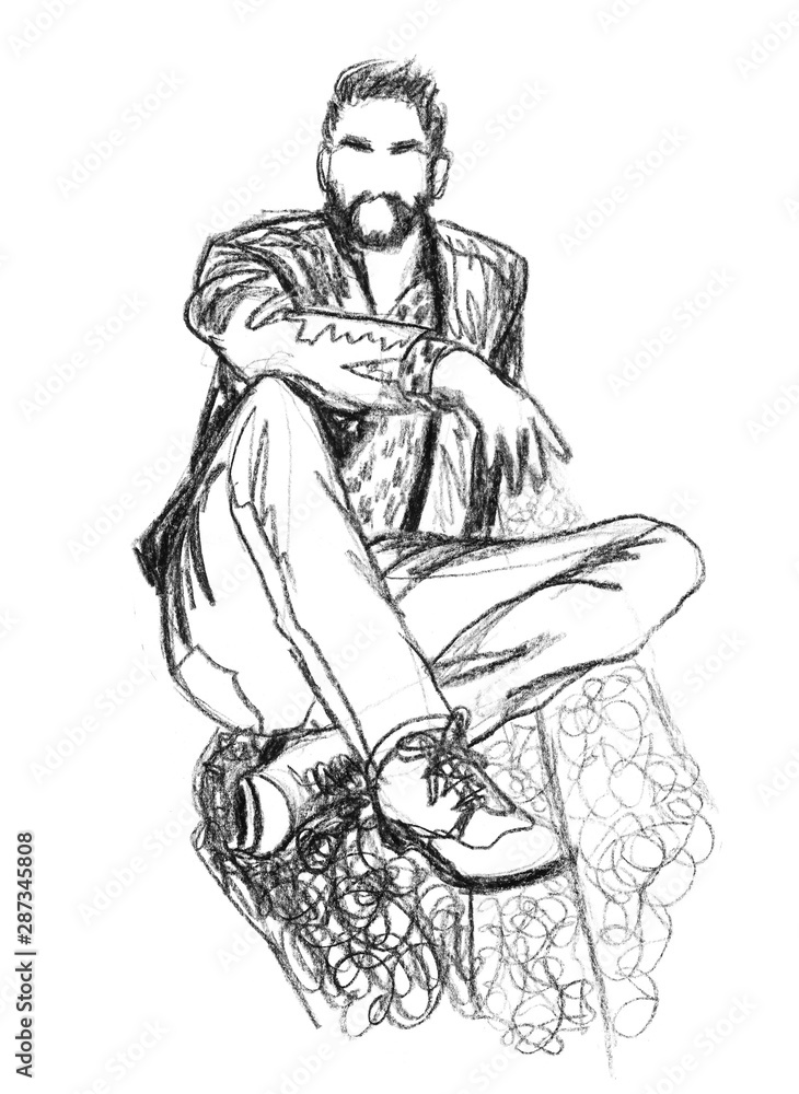 Bearded attractive man sits on the ground with his feet forward towards the viewer. Hand-drawn sketch in pencil on white paper. Can be used for fashion illustration, collage, banner, postcard, flyer Bearded attractive man sits on the ground with his feet forward towards the viewer. Hand-drawn sketch in pencil on white paper. Can be used for fashion illustration, collage, banner, postcard, flyer