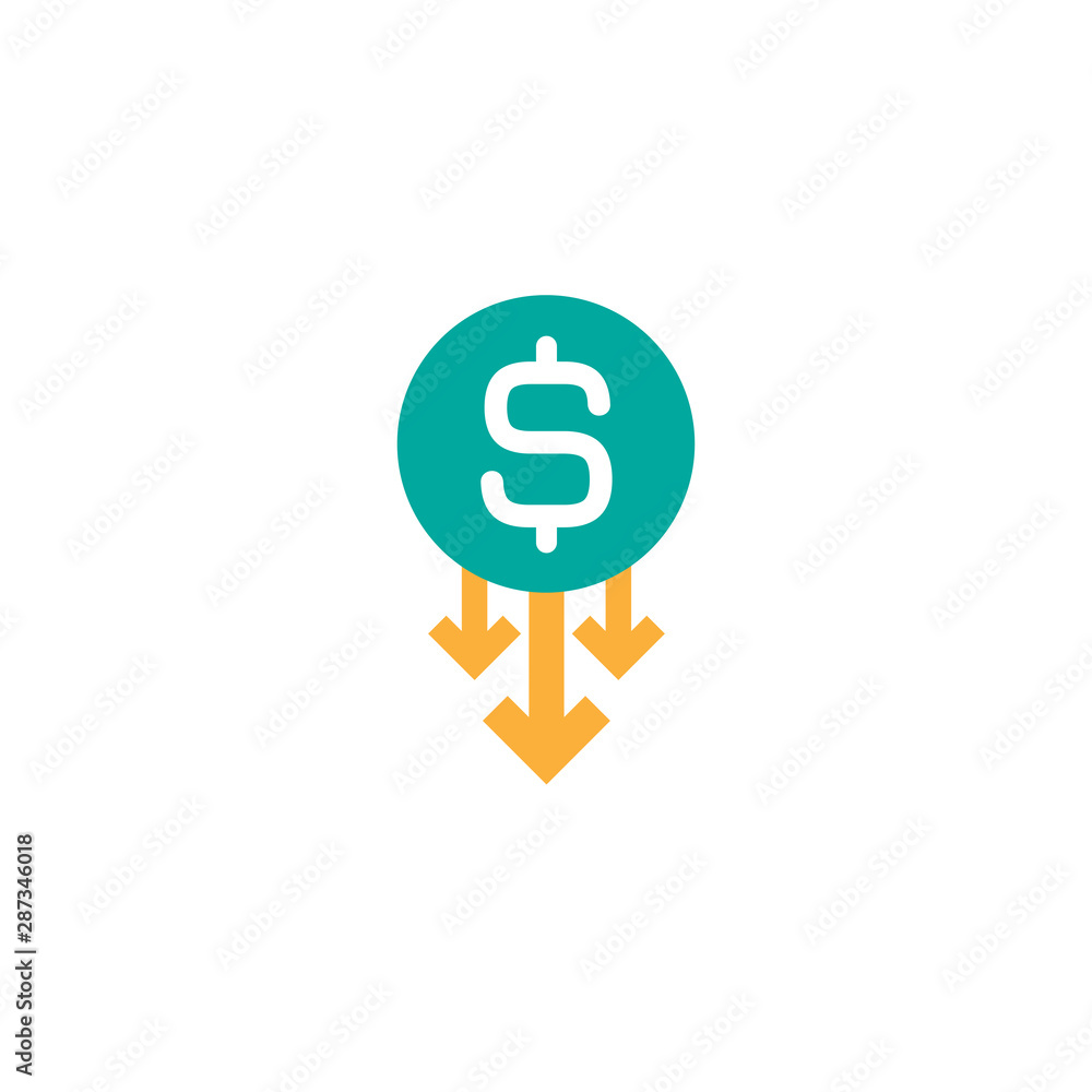 dollar down vector icon. White dollar sign in blue circle with three arrows down. dollar down vector icon. White dollar sign in blue circle with three arrows down.