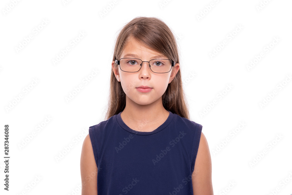 Portrait of a little girl with glasses isolated on a white backgroud. Portrait of a little girl with glasses isolated on a white backgroud.