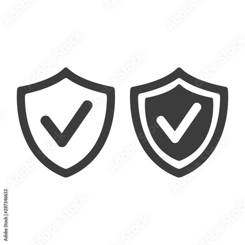 Shield with check mark icon on white background.