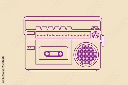Flat design illustration of vintage record player with buttons and cassette inside