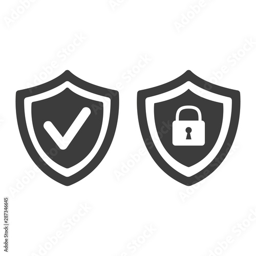 Shield with security and check mark icon on white background.