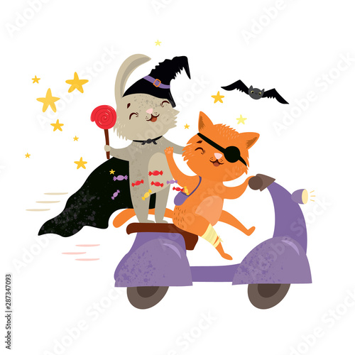 Happy Halloween vector greeting card. cute and funny animals go on holiday. hare and cat © Lesya
