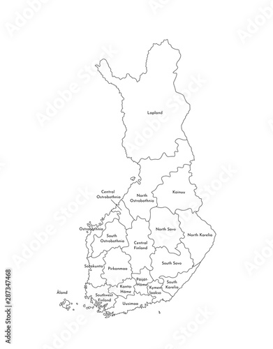 Vector isolated illustration of simplified administrative map of Finland. Borders and names of the regions. Black line silhouettes