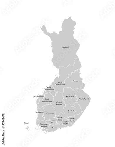 Vector isolated illustration of simplified administrative map of Finland. Borders and names of the regions. Grey silhouettes. White outline photo