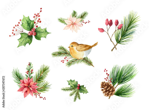 Watercolor vector Christmas set of decorative compositions for your design.