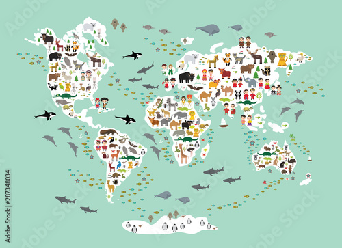 Cartoon animal world map for children and kids, back to schhool. Animals from all over the world white continents islands on blue mint background of ocean and sea. Scandinavian decor. Vector