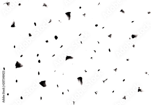 Black watercolor stains large and tiny isolated on white background. Hand drawn illustration of imitation marble chips. Can be used for illustrations, collages, zine, web backgrounds, cards. © Kamila Bay