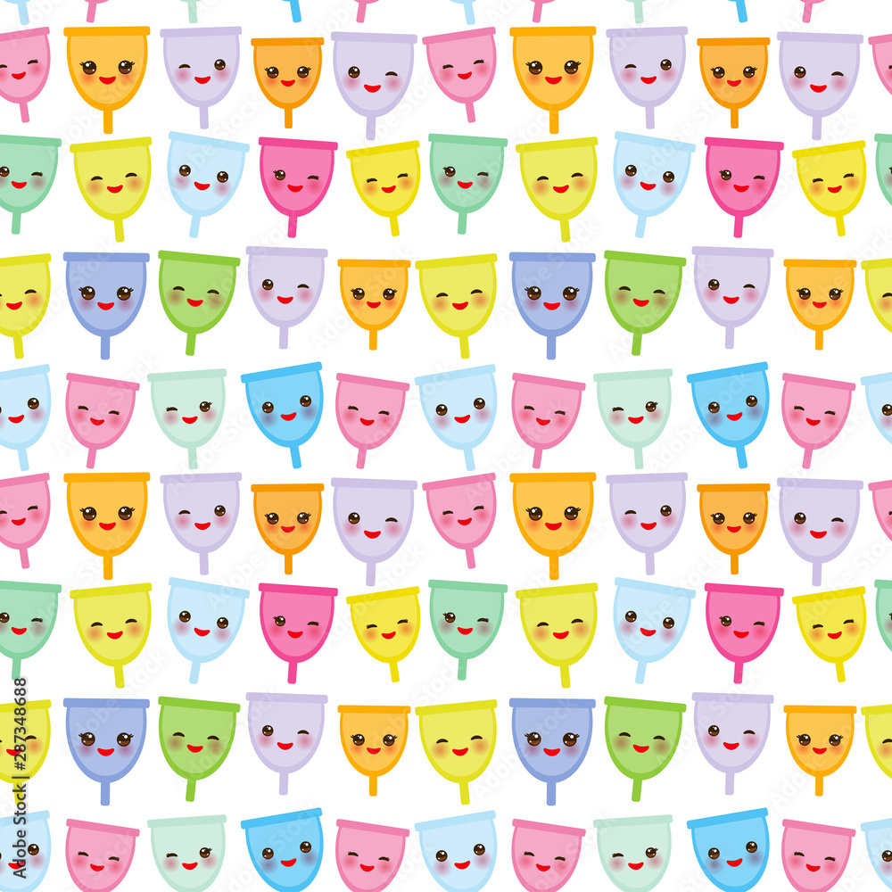 Seamless pattern Kawaii menstrual cup is a feminine hygiene product made of flexible medical grade silicone and shaped like a bell, pink cheeks and eyes, pastel colors on white background. Vector