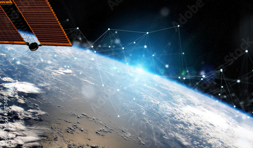 Fototapeta Naklejka Na Ścianę i Meble -  Satellites sending datas exchanges and connections system over the globe 3D rendering elements of this image furnished by NASA