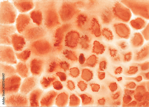 Orange brown watercolor animal print on white paper. Chaotic spots are drawn by hand on a horizontal sheet of paper. Can be used for a zine collage, banner, web background, poster, postcards