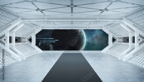 Fototapeta Naklejka Na Ścianę i Meble -  White blue spaceship futuristic interior with window view on space and planets 3d rendering