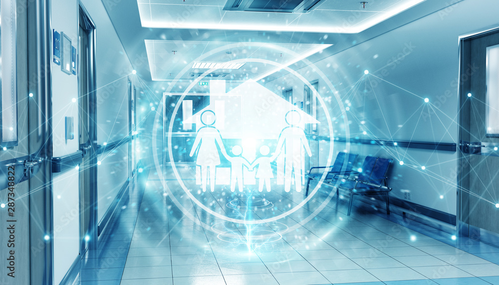 Fototapeta premium Hospital blue corridor with digital family care icon floating in dots connections 3D rendering