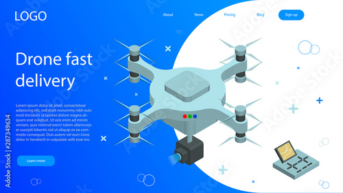 Isometric Drone Fast Delivery. Dron flying with action video camera and remote. Landing page.