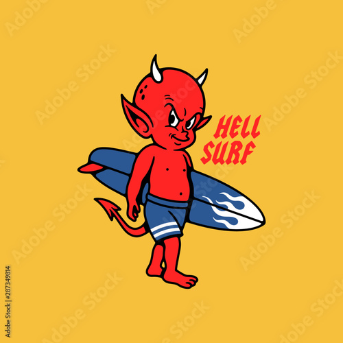 HELL SURF DEVIL BABY WITH SURF BOARD COLOR YELLOW BACKGROUND