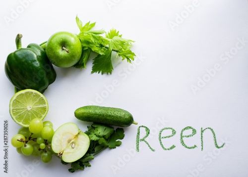 G means Green! The letter G is lined with green vegetables and fruits: cucumber, green onions, bell peppers, cilantro, celery, apples, grapes and lime, Then it is written in green continuation of the