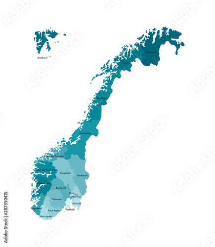 Vector isolated illustration with simplified map of Norway, blue silhouettes of regions. Names of counties. White background