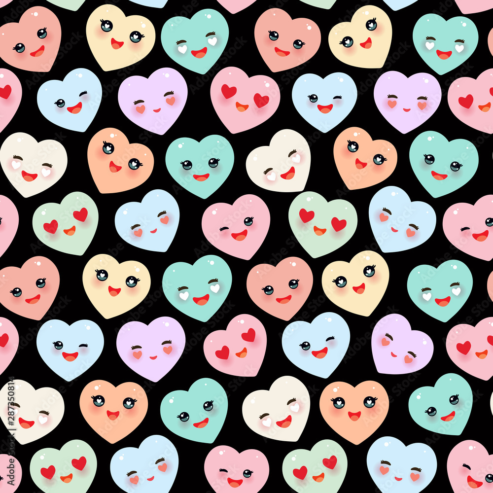 Seamless pattern Funny Kawaii heart pink, yellow, lilac, orange, green, on black background. Valentine's Day Card banner template. Can be used for Gift wrap, fabrics, wallpapers. Vector Seamless pattern Funny Kawaii heart pink, yellow, lilac, orange, green, on black background. Valentine's Day Card banner template. Can be used for Gift wrap, fabrics, wallpapers. Vector
